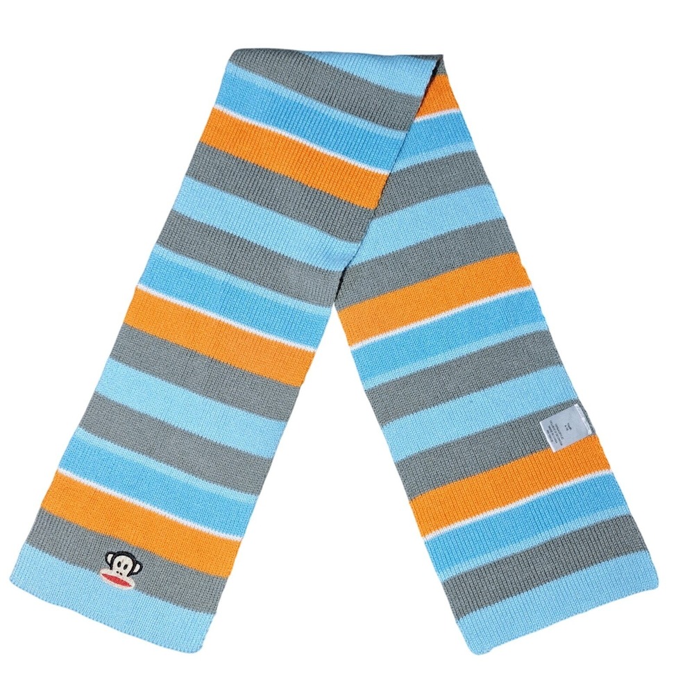 Paul Frank Kids Youth 4-16 Striped‎ Scarf Orange Blue Gray Monkey Logo